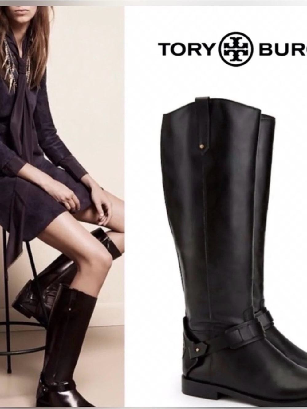 Tory Burch Black Leather Tall Riding Boots Colton